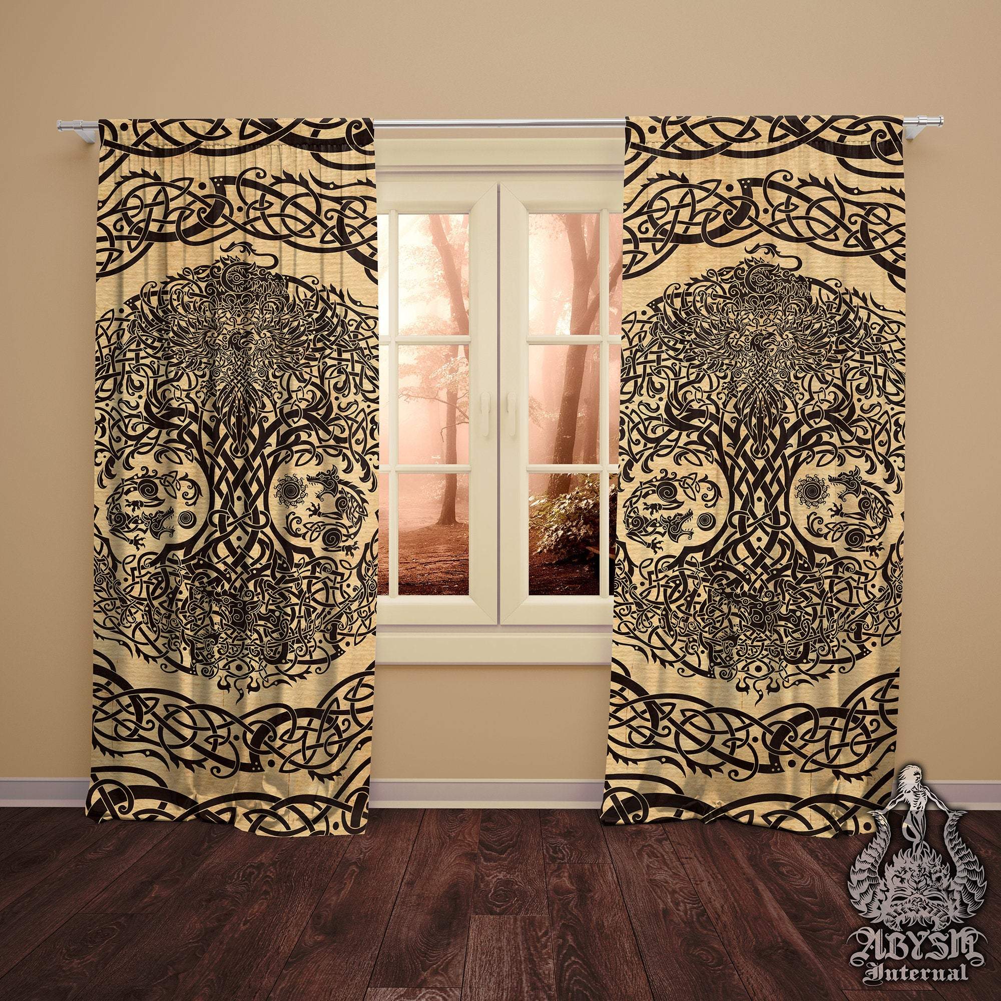 Yggdrasil Blackout Curtains, Long Window Panels, Viking Art Print, Norse Tree of Life, Pagan Room Decor - Paper - Abysm Internal