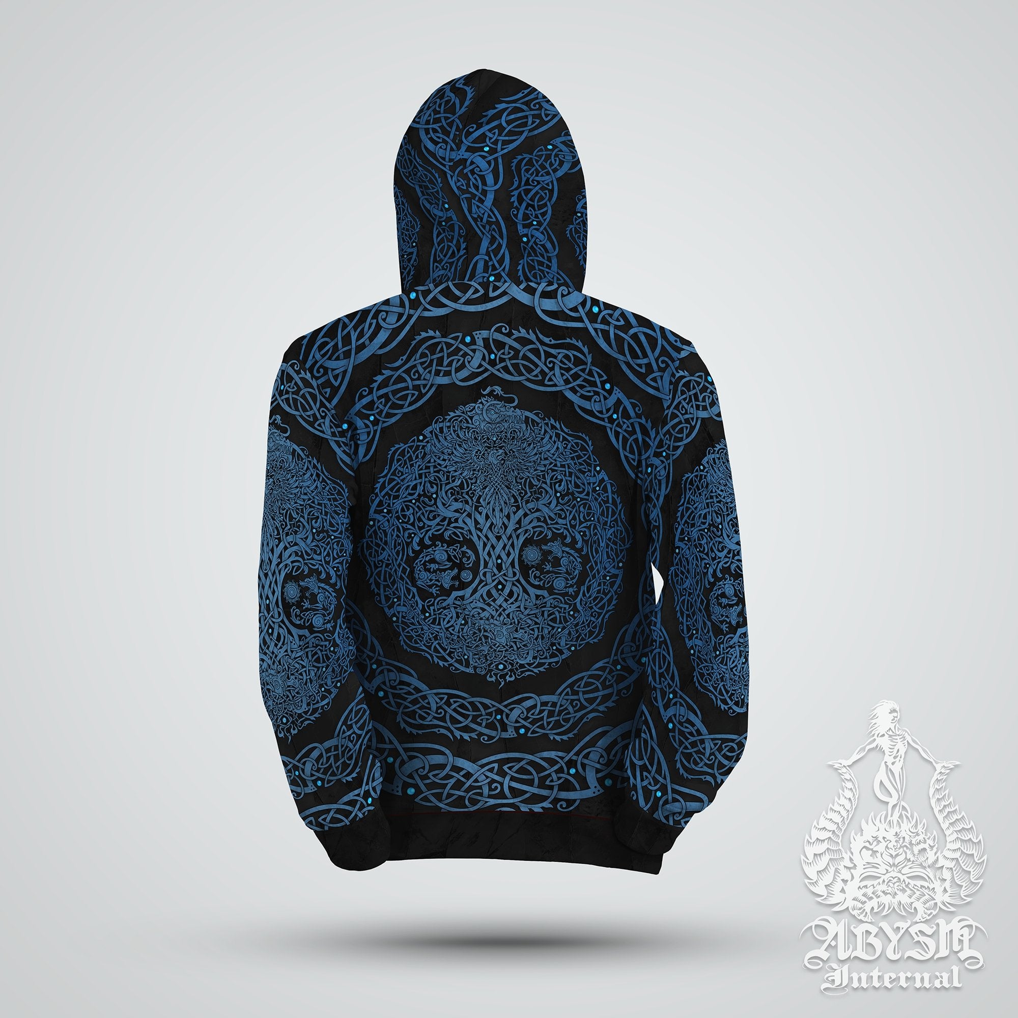 Yggdrasil Hoodie, Viking Sweater, Concert Outfit, Norse Tree of Life, Nordic Art Streetwear, Alternative Clothing, Unisex - Black and Blue - Abysm Internal