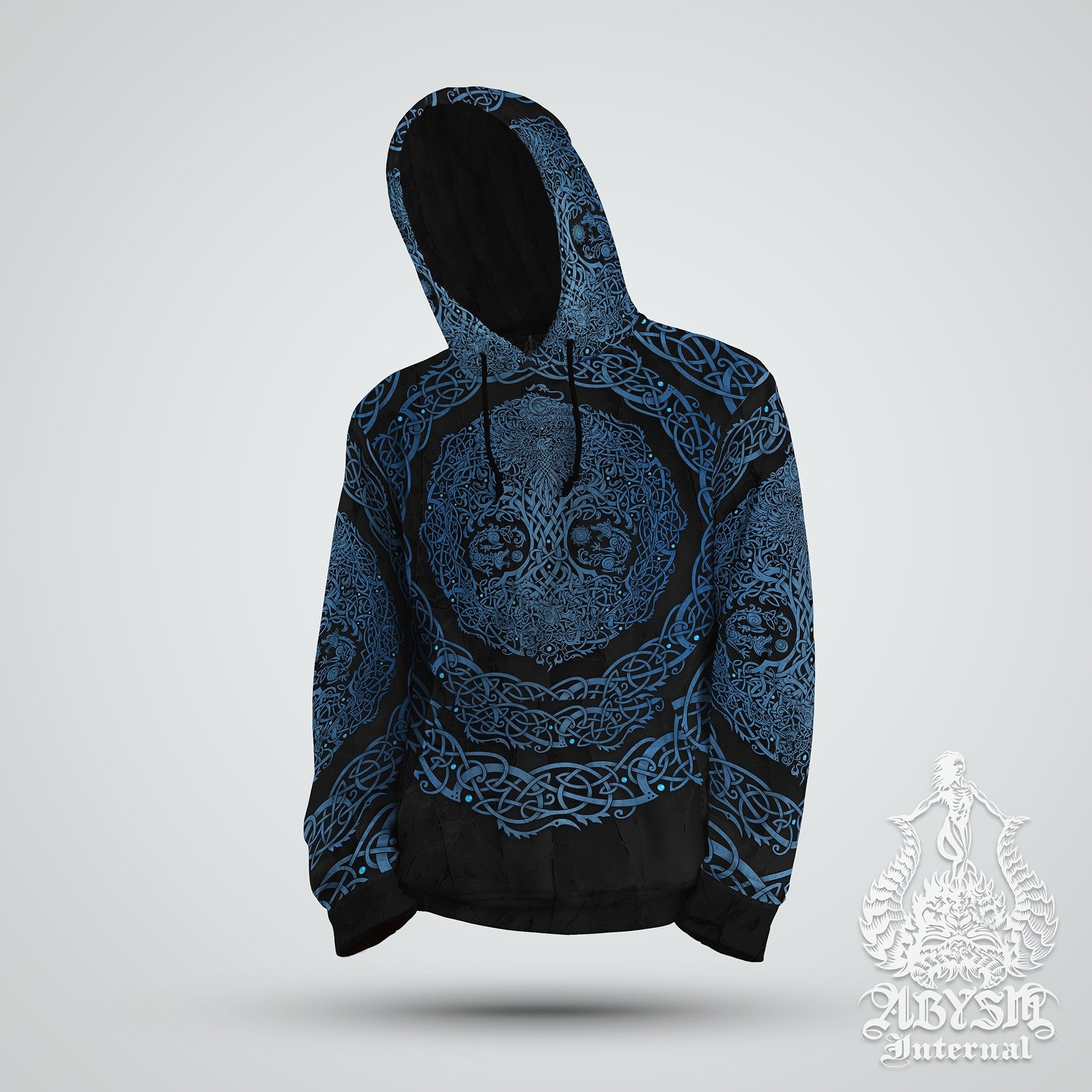 Yggdrasil Hoodie, Viking Sweater, Concert Outfit, Norse Tree of Life, Nordic Art Streetwear, Alternative Clothing, Unisex - Black and Blue - Abysm Internal