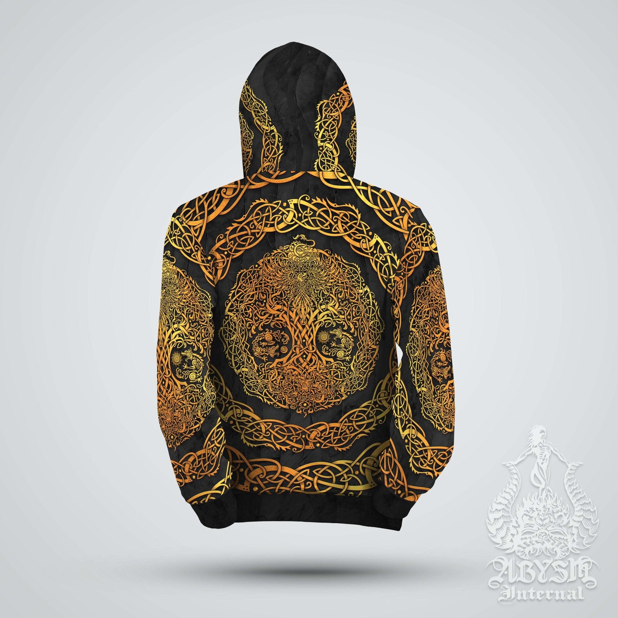 Yggdrasil Hoodie, Viking Sweater, Norse Street Outfit, Tree of Life Streetwear, Alternative Clothing, Unisex - Gold Black - Abysm Internal