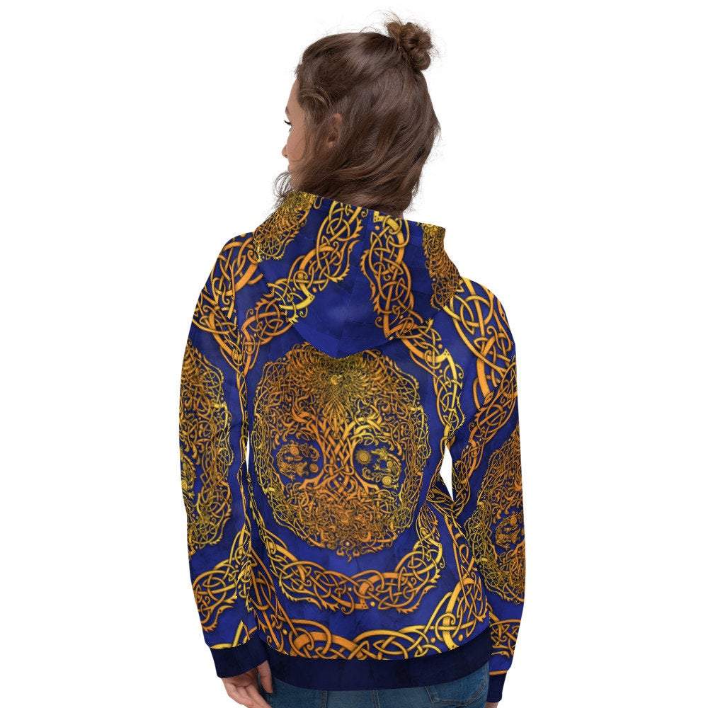 Yggdrasil Hoodie, Viking Sweater, Norse Street Outfit, Tree of Life Streetwear, Alternative Clothing, Unisex - Gold Blue - Abysm Internal