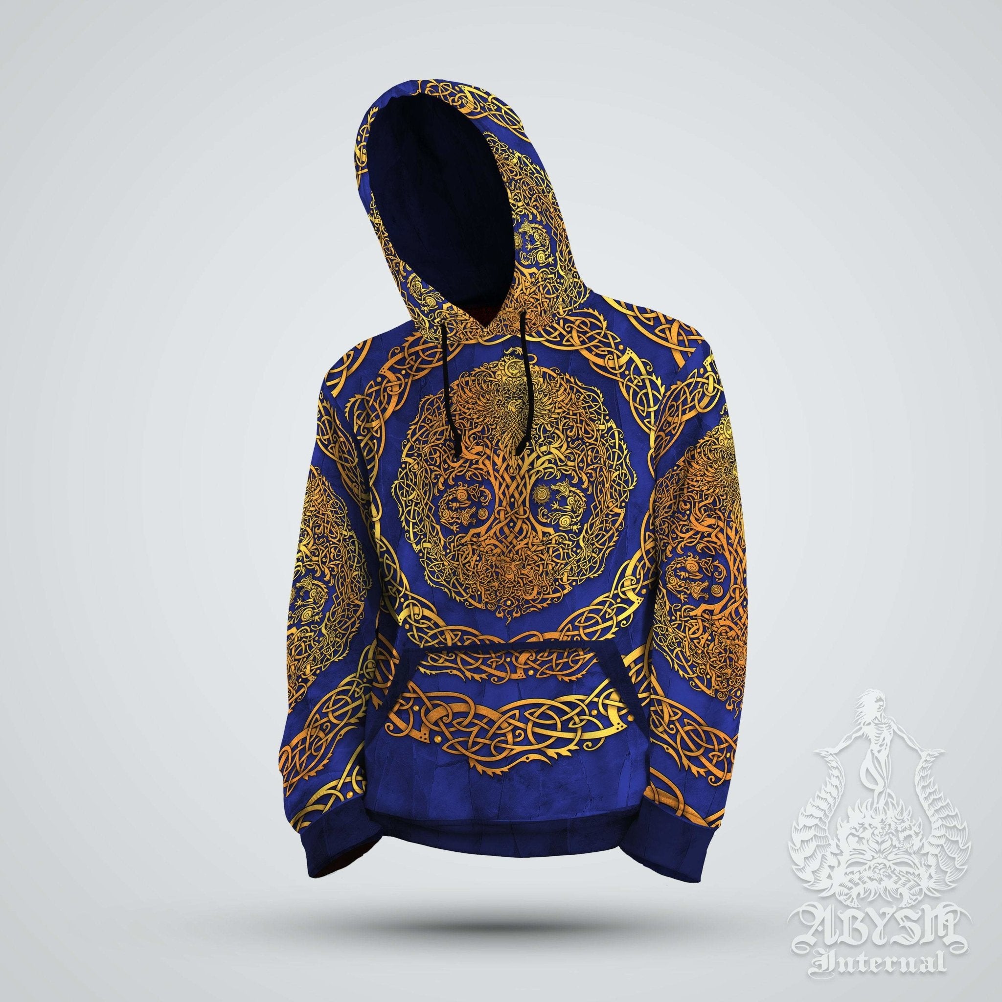 Yggdrasil Hoodie, Viking Sweater, Norse Street Outfit, Tree of Life Streetwear, Alternative Clothing, Unisex - Gold Blue - Abysm Internal