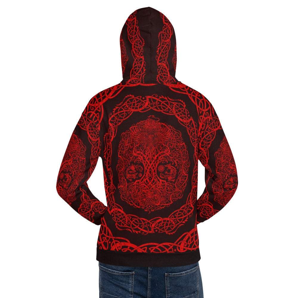 Yggdrasil Hoodie, Viking Sweater, Norse Street Outfit, Tree of Life Streetwear, Alternative Clothing, Unisex - Red Black - Abysm Internal