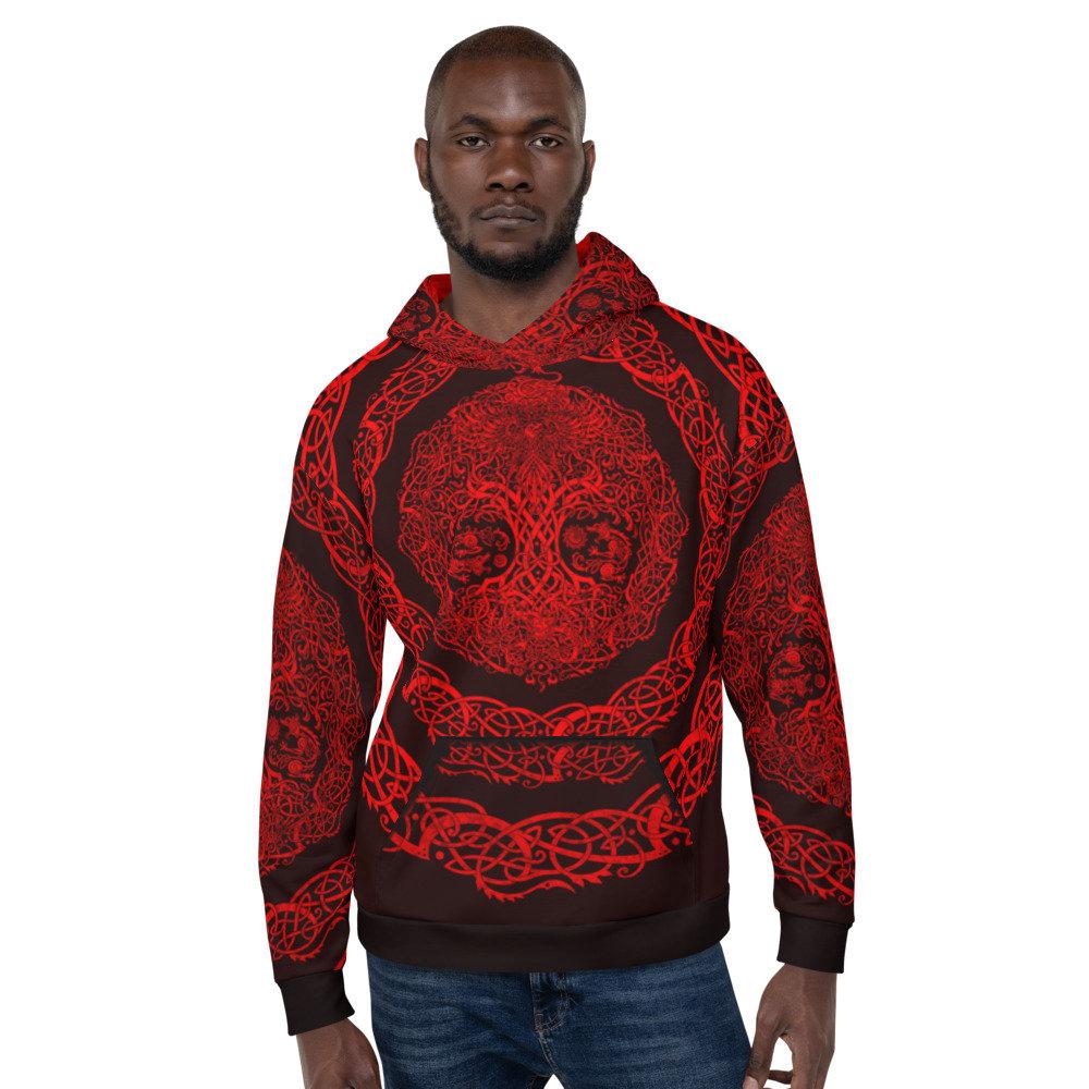 Yggdrasil Hoodie, Viking Sweater, Norse Street Outfit, Tree of Life Streetwear, Alternative Clothing, Unisex - Red Black - Abysm Internal