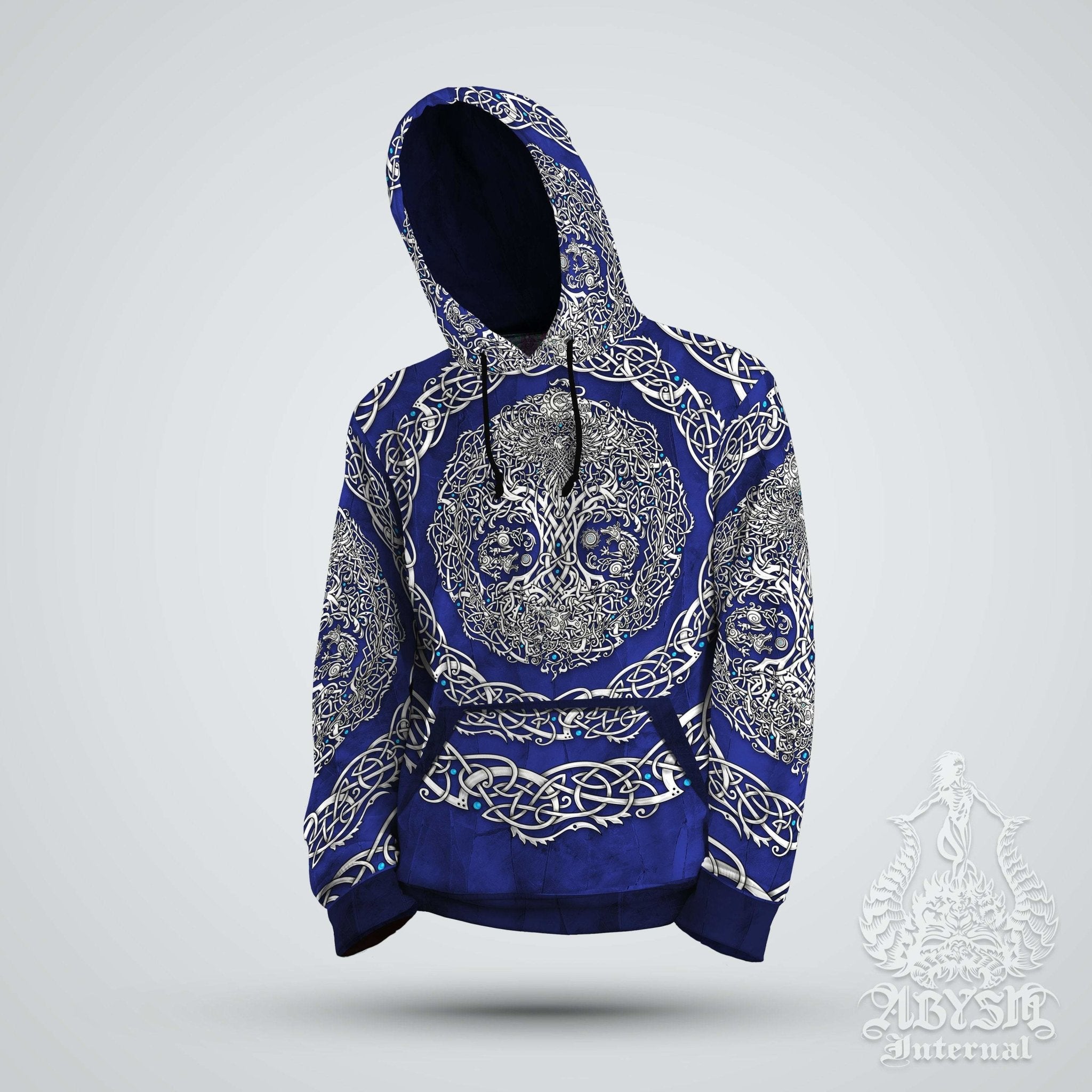 Yggdrasil Hoodie, Viking Sweater, Norse Street Outfit, Tree of Life Streetwear, Alternative Clothing, Unisex - White Blue - Abysm Internal