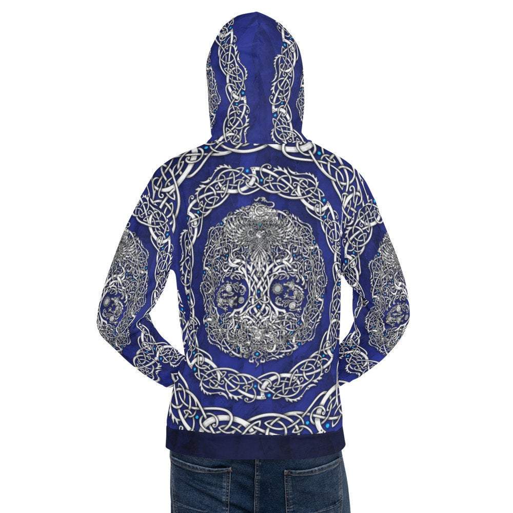 Yggdrasil Hoodie, Viking Sweater, Norse Street Outfit, Tree of Life Streetwear, Alternative Clothing, Unisex - White Blue - Abysm Internal