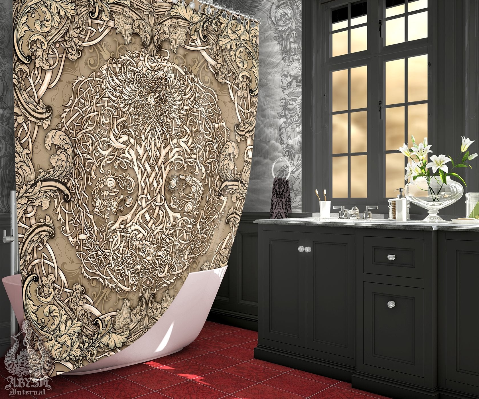 Yggdrasil Shower Curtain, Viking Bathroom Decor, Pagan, Norse Tree of Life, Eclectic and Funky Home - Cream - Abysm Internal