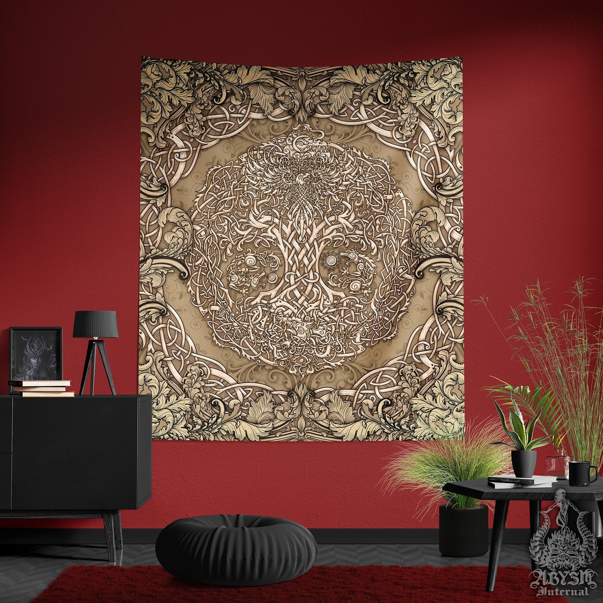 Yggdrasil Tapestry, Norse Wall Hanging, Viking Home Decor, Pagan Art Print, Nordic Tree of Life, Eclectic and Funky - Cream - Abysm Internal