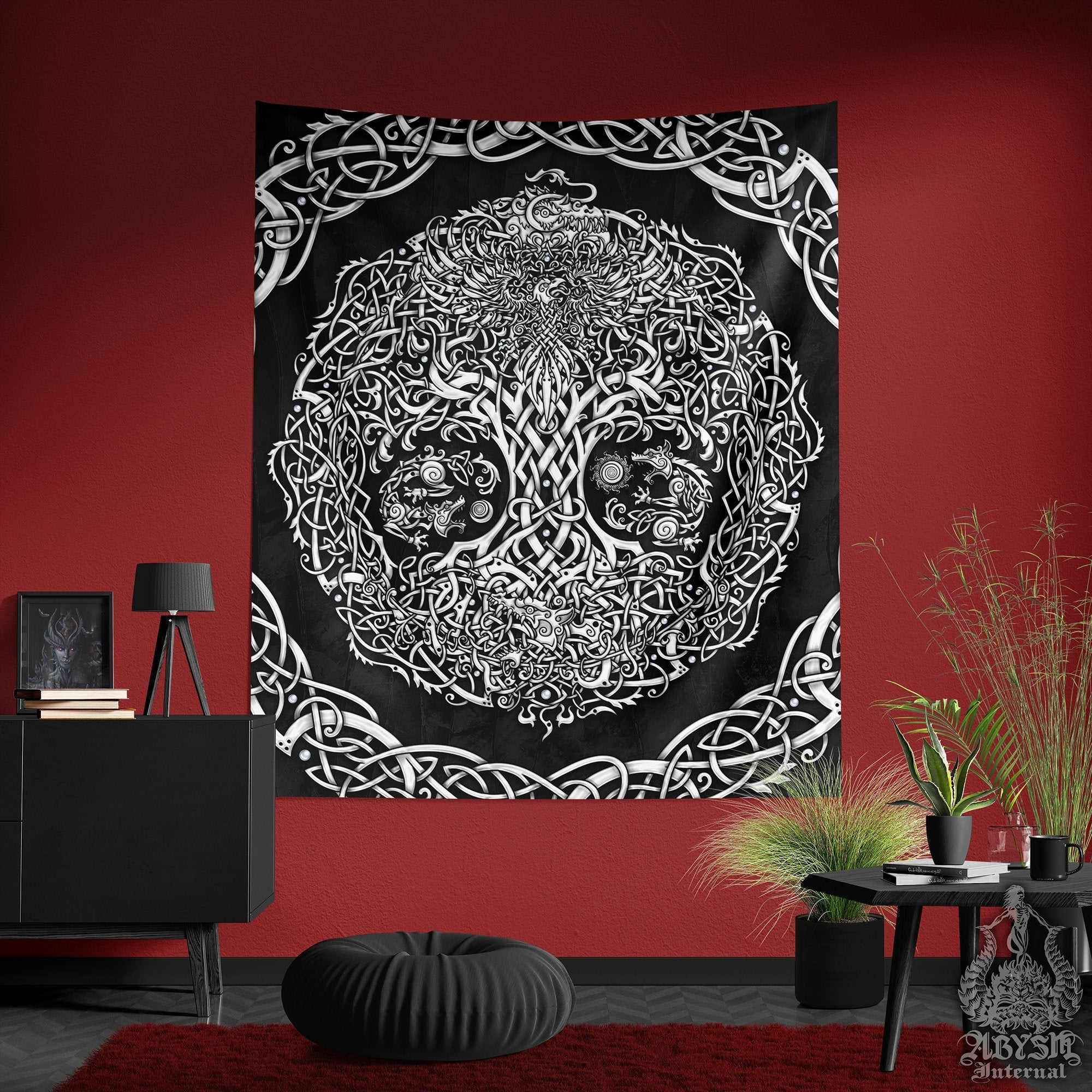 Yggdrasil Tapestry, Viking Wall Hanging, Pagan Home Decor, Norse Art Print, Nordic Tree of Life - White & 3 Colors - Abysm Internal