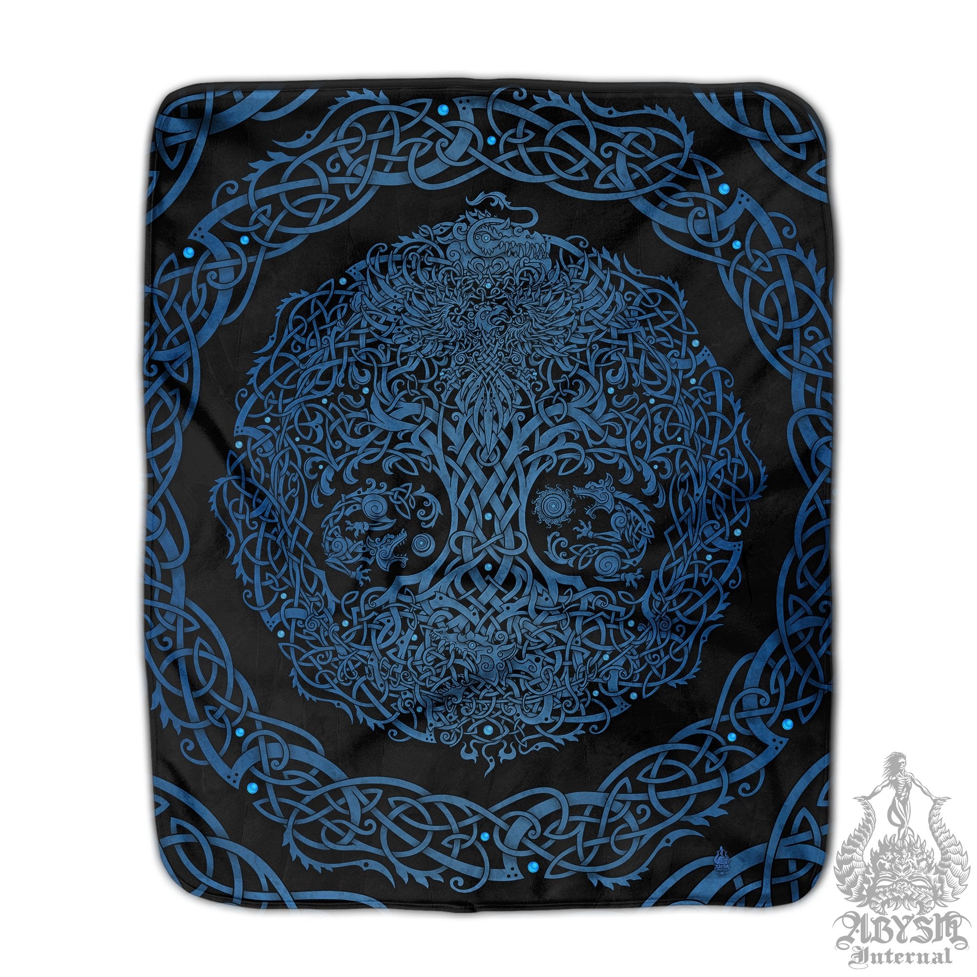 Yggdrasil Throw Fleece Blanket, Viking Art, Pagan Decor, Norse Tree of Life - Black & Blue - Abysm Internal