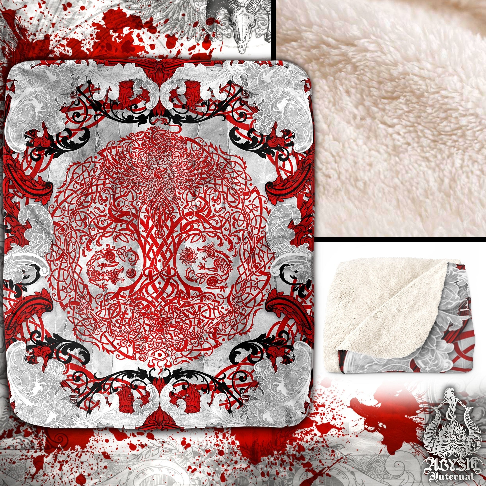 Yggdrasil Throw Fleece Blanket, Viking Art, Pagan Decor, Tree of Life - Bloody White - Abysm Internal
