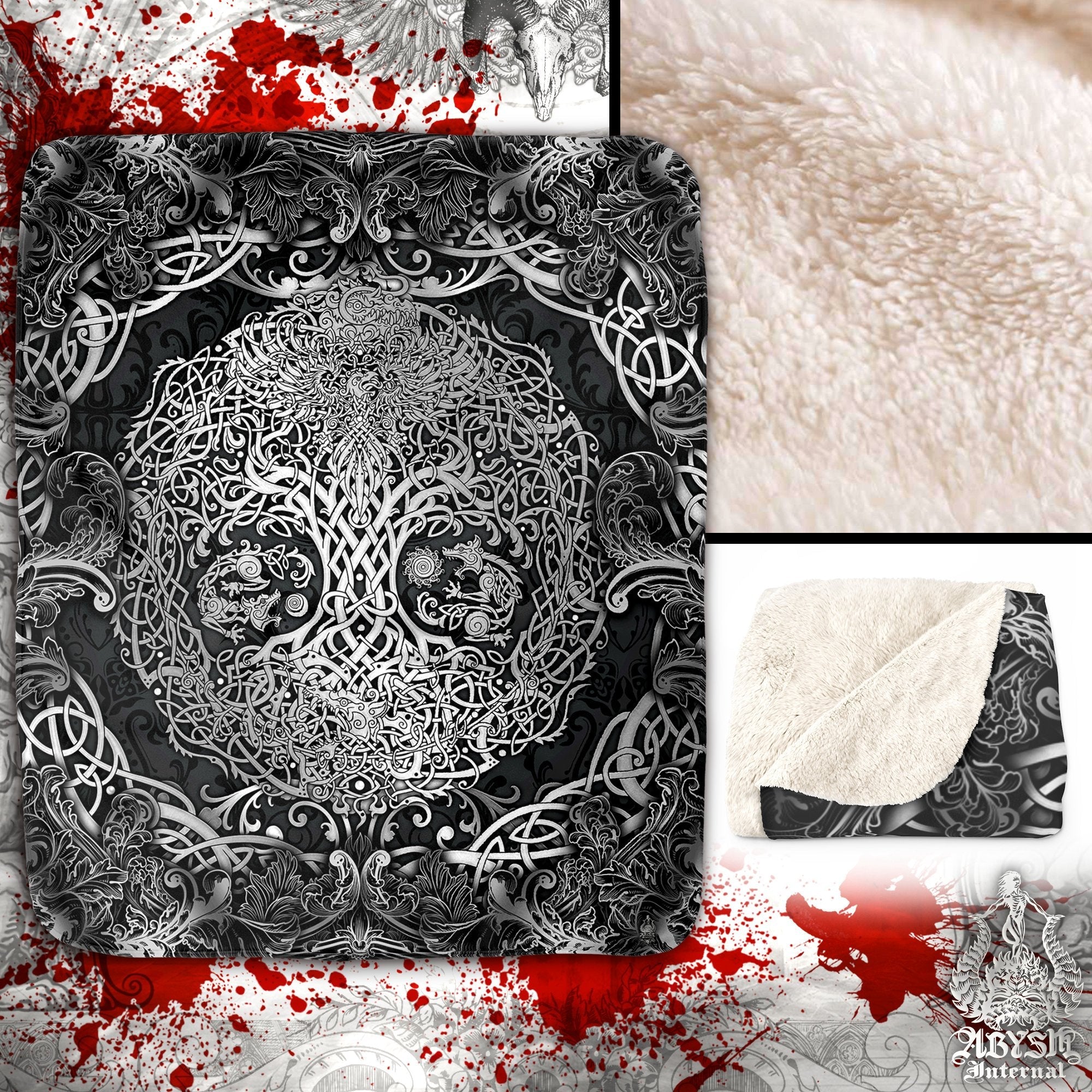 Yggdrasil Throw Fleece Blanket, Viking Art, Pagan Decor, Tree of Life - Dark - Abysm Internal