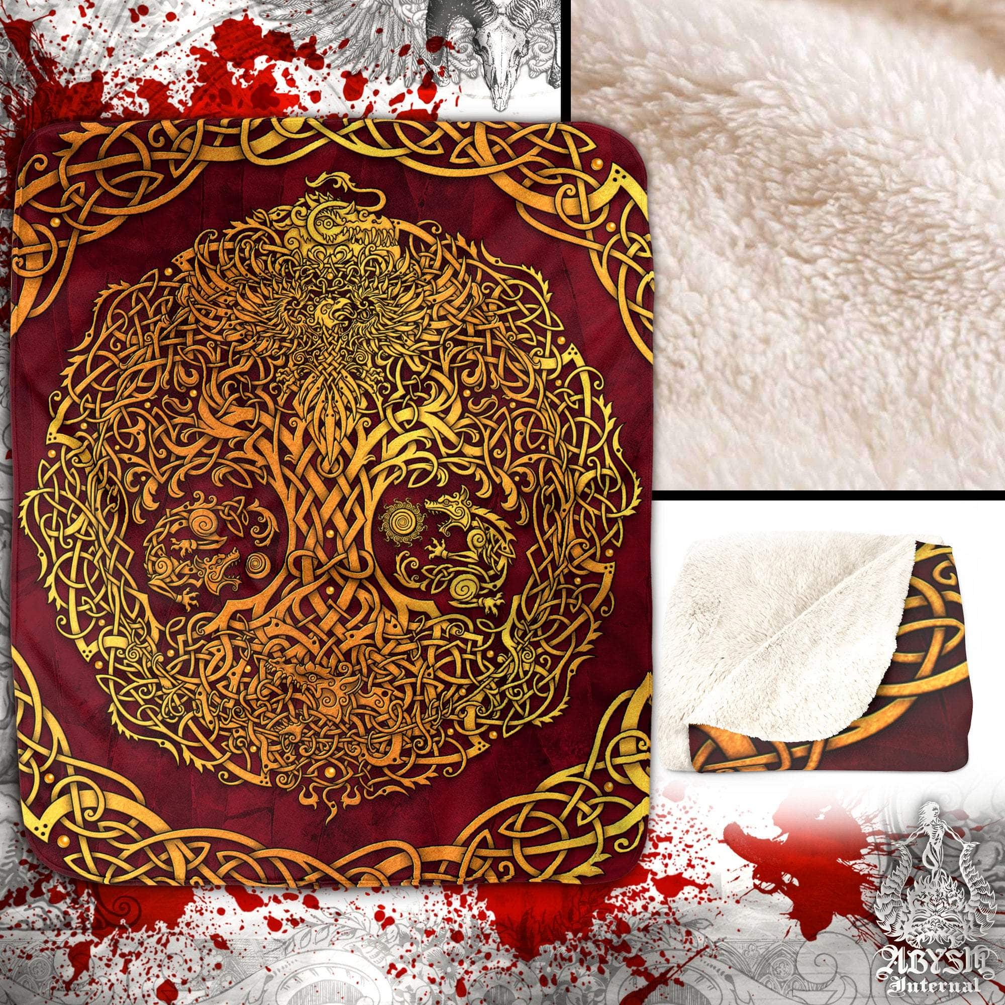 Yggdrasil Throw Fleece Blanket, Viking Art, Pagan Decor, Tree of Life - Gold & Red - Abysm Internal