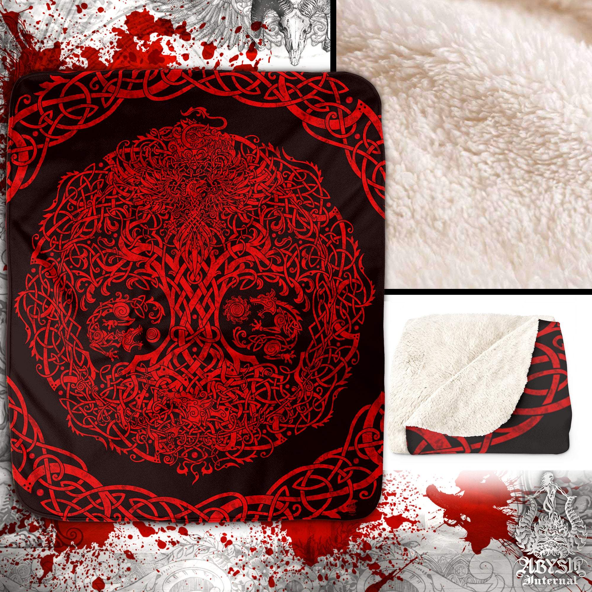 Yggdrasil Throw Fleece Blanket, Viking Art, Pagan Decor, Tree of Life - Red & Black - Abysm Internal