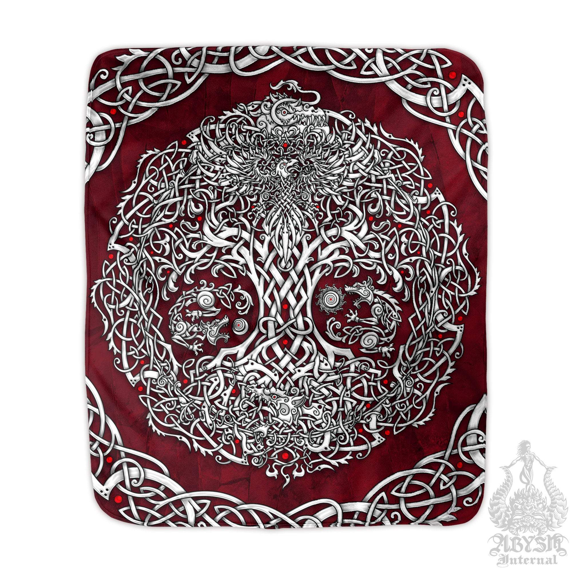 Yggdrasil Throw Fleece Blanket, Viking Art, Pagan Decor, Tree of Life - White & Red - Abysm Internal